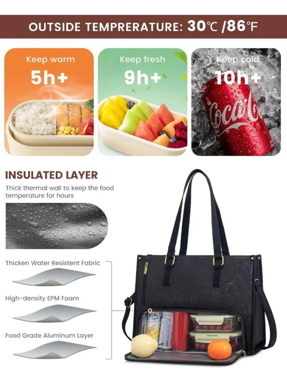 Stylish Insulated Lunch Tote & Laptop Bag for Women, Large Capacity, Jet Black